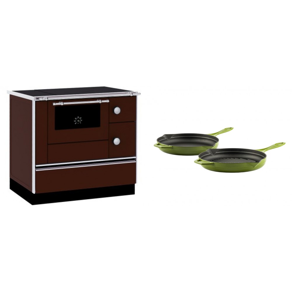 Set Küchenofen / Küchenhexe mit Backofen und Kochplatte Alfa Plam, Modell Alfa 90 H Favorit Braun, Leistung 6.4kW + Gusseisen Topf Set aus 2 teilen Solagio, Bamboo | Kaminofen - Holzofen mit Backfach | Kaminofen |