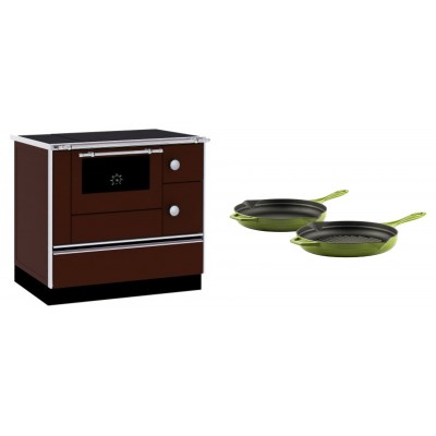 Set Küchenofen / Küchenhexe mit Backofen und Kochplatte Alfa Plam, Modell Alfa 90 H Favorit Braun, Leistung 6.4kW + Gusseisen Topf Set aus 2 teilen Solagio, Bamboo - Kaminofen - Holzofen mit Backfach