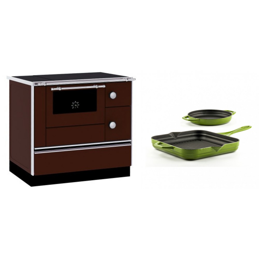 Set Küchenofen / Küchenhexe mit Backofen und Kochplatte Alfa Plam, Modell Alfa 90 H Favorit Braun, Leistung 6.4kW + Gusseisen Topf Set aus 2 teilen Solagio, Bamboo | Kaminofen - Holzofen mit Backfach | Kaminofen |