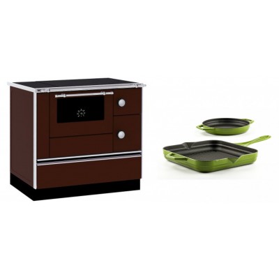 Set Küchenofen / Küchenhexe mit Backofen und Kochplatte Alfa Plam, Modell Alfa 90 H Favorit Braun, Leistung 6.4kW + Gusseisen Topf Set aus 2 teilen Solagio, Bamboo - Kaminofen - Holzofen mit Backfach