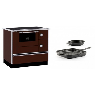 Set Küchenofen / Küchenhexe mit Backofen und Kochplatte Alfa Plam, Modell Alfa 90 H Favorit Braun, Leistung 6.4kW + Gusseisen Topf Set aus 2 teilen Solagio, Black Onyx - Kaminofen - Holzofen mit Backfach