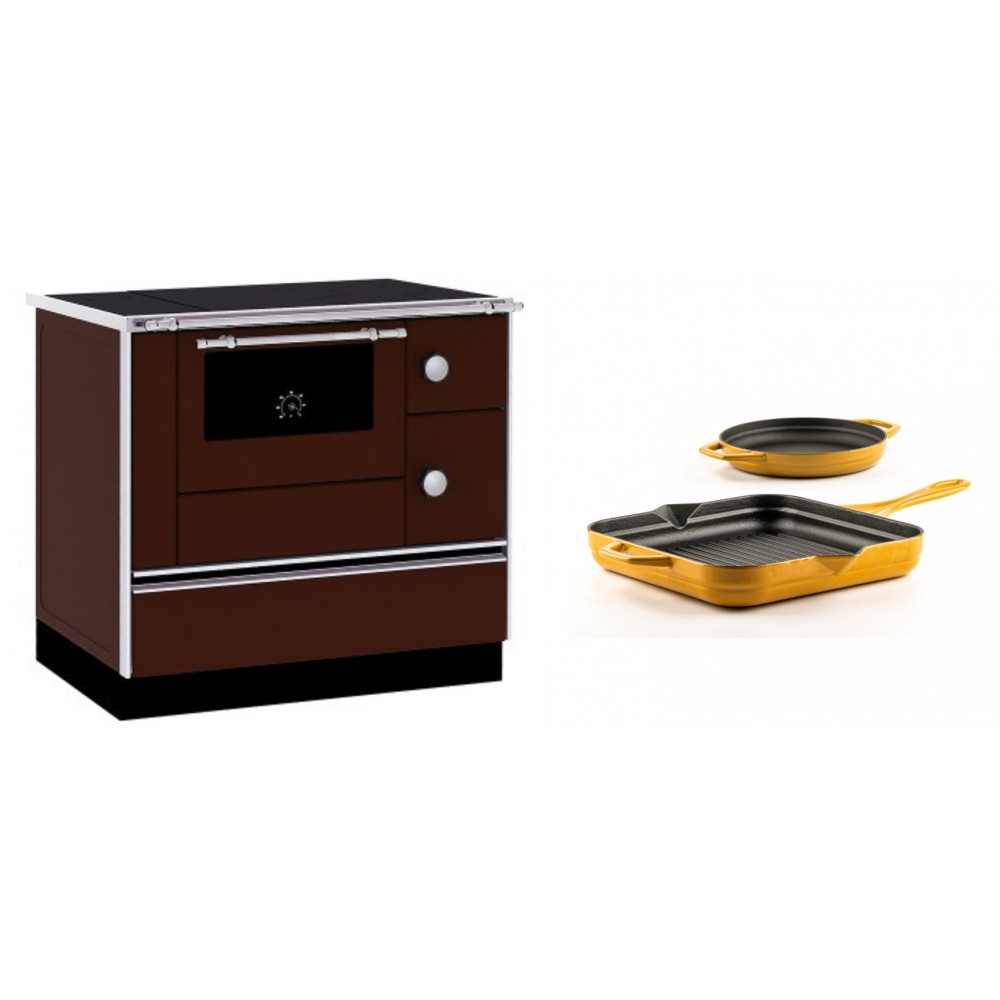 Set Küchenofen / Küchenhexe mit Backofen und Kochplatte Alfa Plam, Modell Alfa 90 H Favorit Braun, Leistung 6.4kW + Gusseisen Topf Set aus 2 teilen Solagio, Dijon | Kaminofen - Holzofen mit Backfach | Kaminofen |