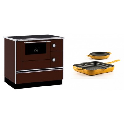 Set Küchenofen / Küchenhexe mit Backofen und Kochplatte Alfa Plam, Modell Alfa 90 H Favorit Braun, Leistung 6.4kW + Gusseisen Topf Set aus 2 teilen Solagio, Dijon - Kaminofen - Holzofen mit Backfach