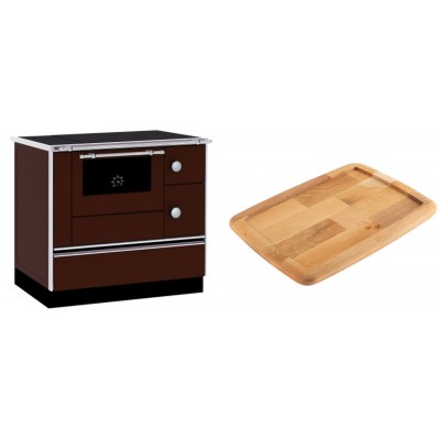 Set Küchenofen / Küchenhexe mit Backofen und Kochplatte Alfa Plam, Modell Alfa 90 H Favorit Braun, Leistung 6.4kW + Holz untersetzer für gusseisenplatte Solagio HSST2131 - Kaminofen - Holzofen mit Backfach