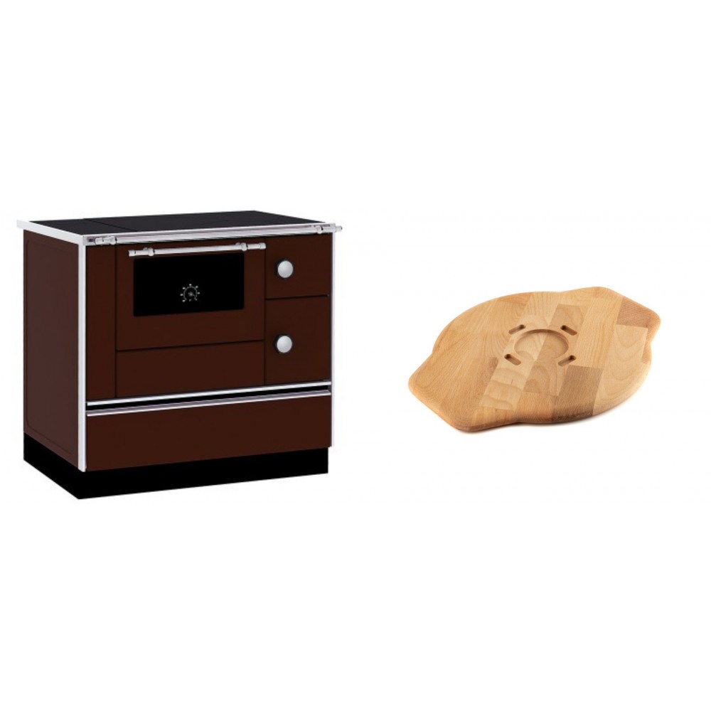 Set Küchenofen / Küchenhexe mit Backofen und Kochplatte Alfa Plam, Modell Alfa 90 H Favorit Braun, Leistung 6.4kW + Holz untersetzer für Gusseisenplatte Solagio HSYSAK28