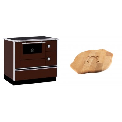 Set Küchenofen / Küchenhexe mit Backofen und Kochplatte Alfa Plam, Modell Alfa 90 H Favorit Braun, Leistung 6.4kW + Holz untersetzer für Gusseisenplatte Solagio HSYSAK28 - Kaminofen - Holzofen mit Backfach