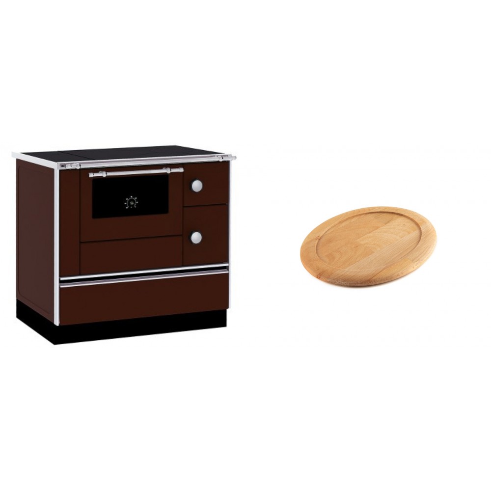 Set Küchenofen / Küchenhexe mit Backofen und Kochplatte Alfa Plam, Modell Alfa 90 H Favorit Braun, Leistung 6.4kW + Holz untersetzer für ovale gusseisenpfanne Solagio HSFT1825