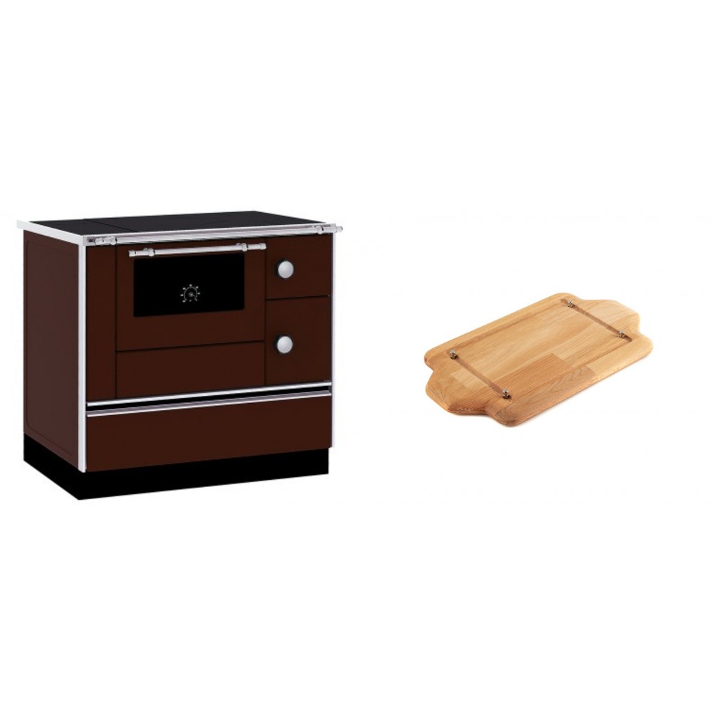 Set Küchenofen / Küchenhexe mit Backofen und Kochplatte Alfa Plam, Modell Alfa 90 H Favorit Braun, Leistung 6.4kW + Holz untersetzer für mini-gusseisenplatte Solagio HSDDHP1522 | Kaminofen - Holzofen mit Backfach | Kaminofen |