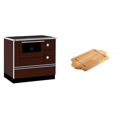 Set Küchenofen / Küchenhexe mit Backofen und Kochplatte Alfa Plam, Modell Alfa 90 H Favorit Braun, Leistung 6.4kW + Holz untersetzer für mini-gusseisenplatte Solagio HSDDHP1522 - Kaminofen - Holzofen mit Backfach