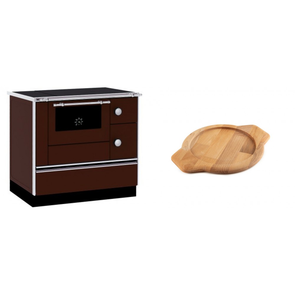 Set Küchenofen / Küchenhexe mit Backofen und Kochplatte Alfa Plam, Modell Alfa 90 H Favorit Braun, Leistung 6.4kW + Holz untersetzer für gusseisenschüssel Solagio HSYKTV22