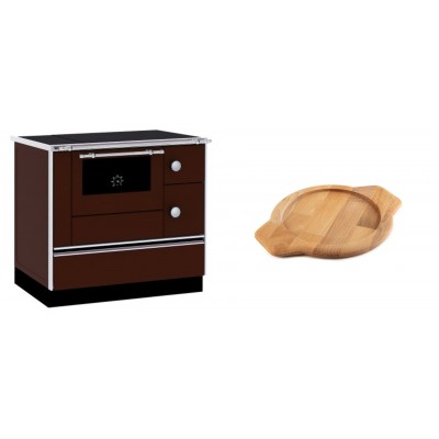 Set Küchenofen / Küchenhexe mit Backofen und Kochplatte Alfa Plam, Modell Alfa 90 H Favorit Braun, Leistung 6.4kW + Holz untersetzer für gusseisenschüssel Solagio HSYKTV22 - Kaminofen - Holzofen mit Backfach