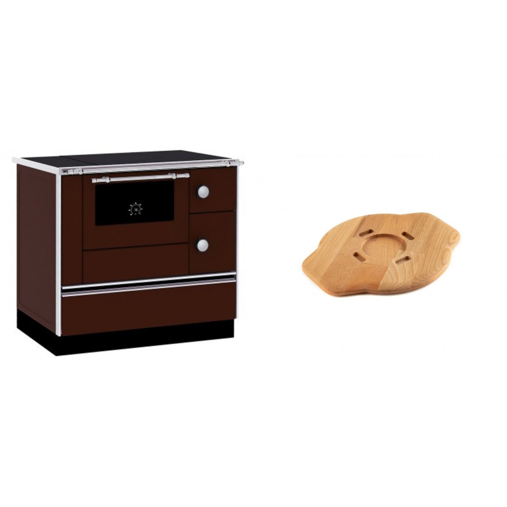 Set Küchenofen / Küchenhexe mit Backofen und Kochplatte Alfa Plam, Modell Alfa 90 H Favorit Braun, Leistung 6.4kW + Holz untersetzer für gusseisenplatte Solagio HSYSAK20 | Kaminofen - Holzofen mit Backfach | Kaminofen |