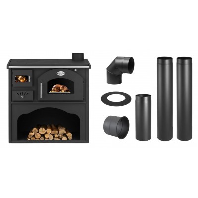 Set Küchenofen / Küchenhexe mit Backofen und Kochplatte Zvezda, Modell Classic GFS, Leistung 5.9kW + Schornstein Bausatz PARKANEX, Stahl Ø130, Dicke 2mm - Kaminofen - Holzofen mit Backfach