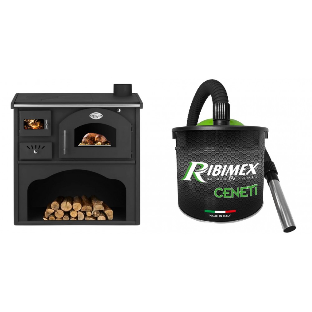Set Küchenofen / Küchenhexe mit Backofen und Kochplatte Zvezda, Modell Classic GFS, Leistung 5.9kW + Elektrischer Aschesauger Ribimex, Modell Cenetì, Fassungsvermögen 15 L