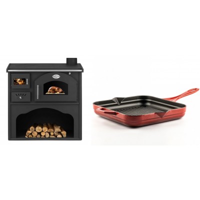 Set Küchenofen / Küchenhexe mit Backofen und Kochplatte Zvezda, Modell Classic GFS, Leistung 5.9kW + Emaillierte grillpfanne Gusseisen Solagio, Rubin, 28x28cm - Kaminofen - Holzofen mit Backfach