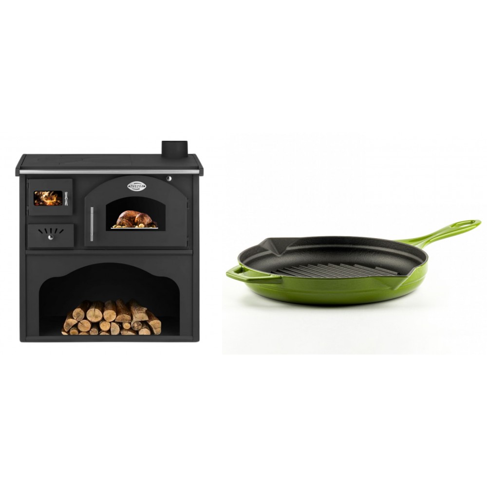 Set Küchenofen / Küchenhexe mit Backofen und Kochplatte Zvezda, Modell Classic GFS, Leistung 5.9kW + Emaillierte grillpfanne Gusseisen Solagio, Bamboo, Ф28cm