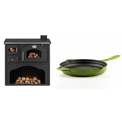 Set Küchenofen / Küchenhexe mit Backofen und Kochplatte Zvezda, Modell Classic GFS, Leistung 5.9kW + Emaillierte grillpfanne Gusseisen Solagio, Bamboo, Ф28cm - Kaminofen - Holzofen mit Backfach