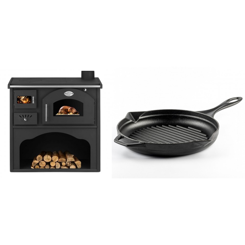 Set Küchenofen / Küchenhexe mit Backofen und Kochplatte Zvezda, Modell Classic GFS, Leistung 5.9kW + Emaillierte grillpfanne Gusseisen Solagio, Black Onyx, Ф28cm