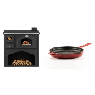 Set Küchenofen / Küchenhexe mit Backofen und Kochplatte Zvezda, Modell Classic GFS, Leistung 5.9kW + Emaillierte grillpfanne Gusseisen Solagio, Rubin, Ф24cm - Kaminofen - Holzofen mit Backfach