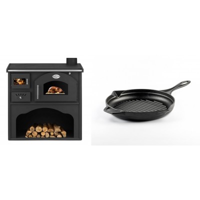 Set Küchenofen / Küchenhexe mit Backofen und Kochplatte Zvezda, Modell Classic GFS, Leistung 5.9kW + Emaillierte grillpfanne Gusseisen Solagio, Black Onyx, Ф24cm - Kaminofen - Holzofen mit Backfach