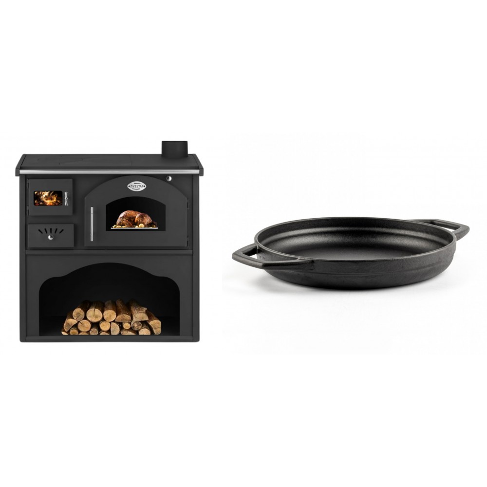 Set Küchenofen / Küchenhexe mit Backofen und Kochplatte Zvezda, Modell Classic GFS, Leistung 5.9kW + Emaillierte gusseisenpfanne mit zwei Griffen Solagio, Black Onyx, Ф22cm | Kaminofen - Holzofen mit Backfach | Kaminofen |