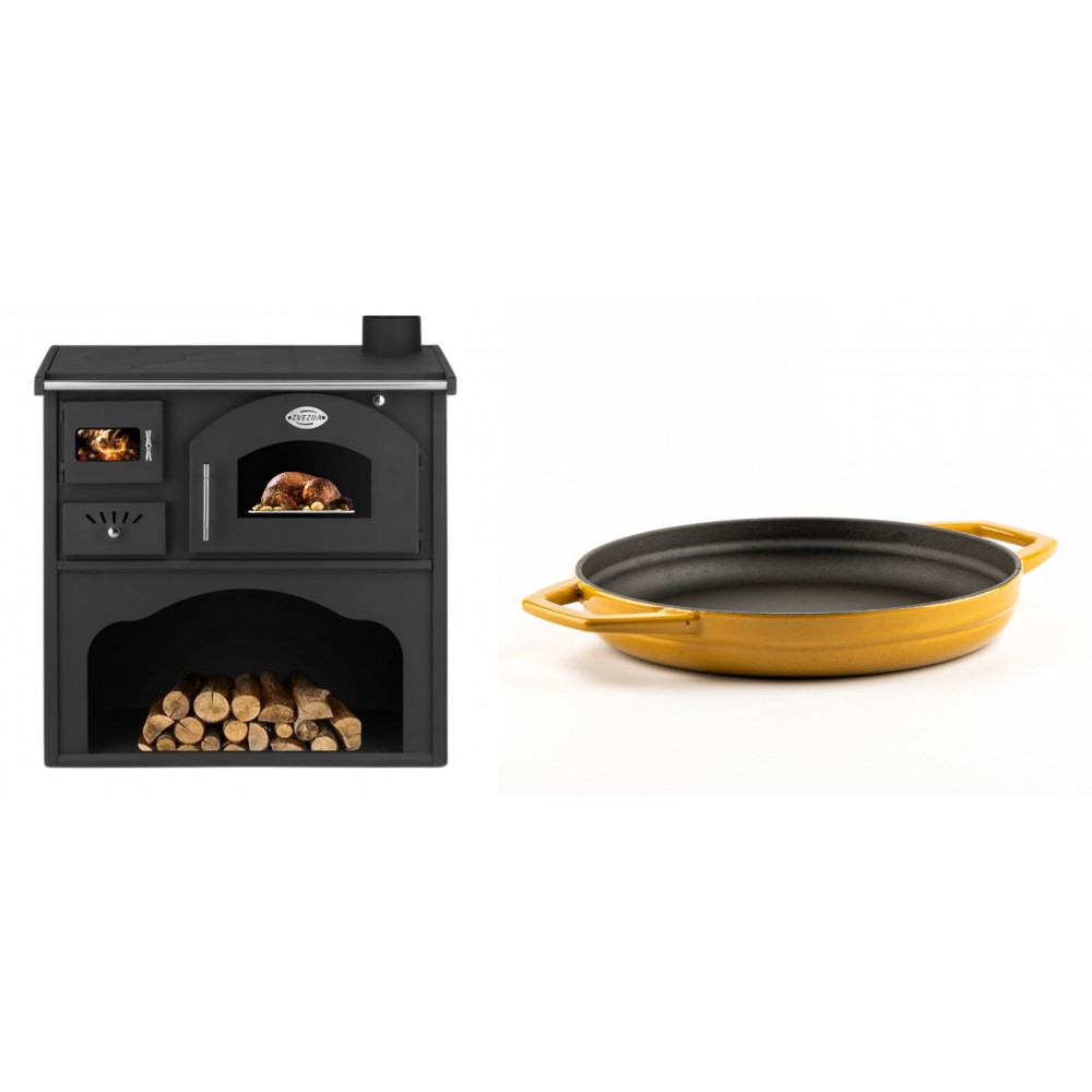 Set Küchenofen / Küchenhexe mit Backofen und Kochplatte Zvezda, Modell Classic GFS, Leistung 5.9kW + Emaillierte gusseisenpfanne mit zwei Griffen Solagio, Dijon, Ф22cm | Kaminofen - Holzofen mit Backfach | Kaminofen |