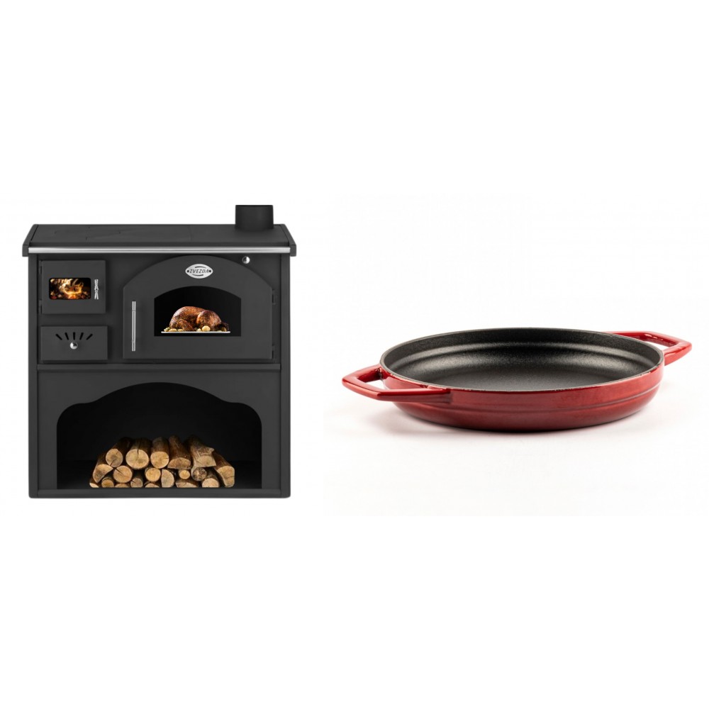 Set Küchenofen / Küchenhexe mit Backofen und Kochplatte Zvezda, Modell Classic GFS, Leistung 5.9kW + Emaillierte gusseisenpfanne mit zwei Griffen Solagio, Rubin, Ф22cm | Kaminofen - Holzofen mit Backfach | Kaminofen |