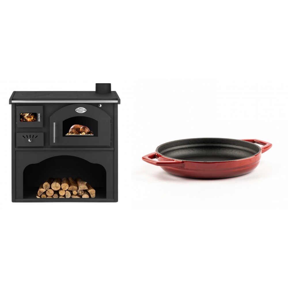 Set Küchenofen / Küchenhexe mit Backofen und Kochplatte Zvezda, Modell Classic GFS, Leistung 5.9kW + Emaillierte gusseisenpfanne mit zwei Griffen Solagio, Rubin, Ф19cm