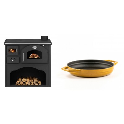 Set Küchenofen / Küchenhexe mit Backofen und Kochplatte Zvezda, Modell Classic GFS, Leistung 5.9kW + Emaillierte gusseisenpfanne mit zwei Griffen Solagio, Dijon, Ф19cm - Kaminofen - Holzofen mit Backfach