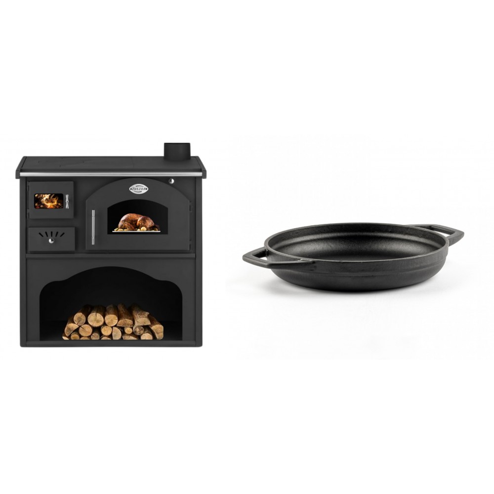 Set Küchenofen / Küchenhexe mit Backofen und Kochplatte Zvezda, Modell Classic GFS, Leistung 5.9kW + Emaillierte gusseisenpfanne mit zwei Griffen Solagio, Black Onyx, Ф19cm