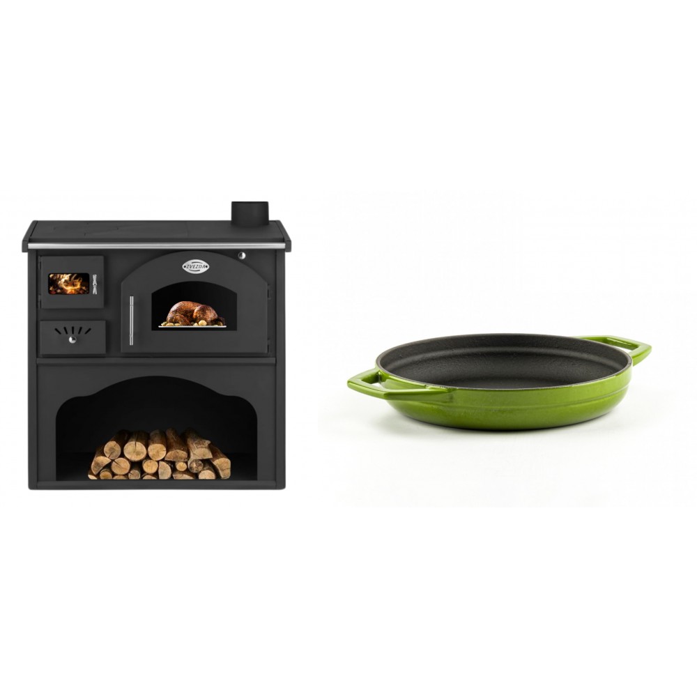 Set Küchenofen / Küchenhexe mit Backofen und Kochplatte Zvezda, Modell Classic GFS, Leistung 5.9kW + Emaillierte gusseisenpfanne mit zwei Griffen Solagio, Bamboo, Ф19cm
