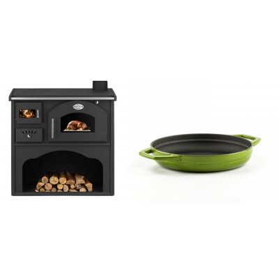 Set Küchenofen / Küchenhexe mit Backofen und Kochplatte Zvezda, Modell Classic GFS, Leistung 5.9kW + Emaillierte gusseisenpfanne mit zwei Griffen Solagio, Bamboo, Ф19cm - Kaminofen - Holzofen mit Backfach