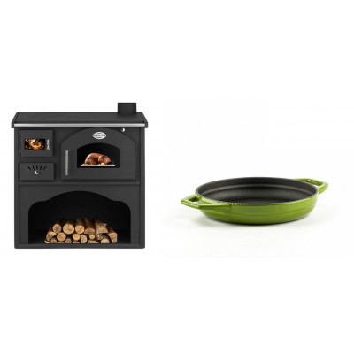 Set Küchenofen / Küchenhexe mit Backofen und Kochplatte Zvezda, Modell Classic GFS, Leistung 5.9kW + Emaillierte gusseisenpfanne mit zwei Griffen Solagio, Bamboo, Ф16cm - Kaminofen - Holzofen mit Backfach