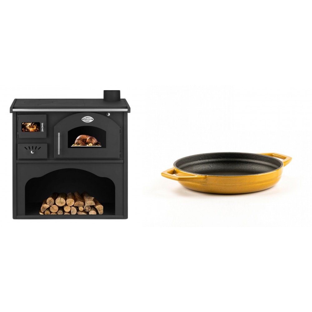 Set Küchenofen / Küchenhexe mit Backofen und Kochplatte Zvezda, Modell Classic GFS, Leistung 5.9kW + Emaillierte gusseisenpfanne mit zwei Griffen Solagio, Dijon, Ф16cm | Kaminofen - Holzofen mit Backfach | Kaminofen |