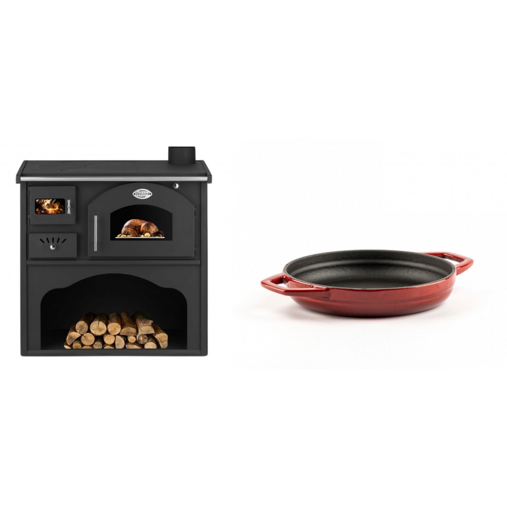 Set Küchenofen / Küchenhexe mit Backofen und Kochplatte Zvezda, Modell Classic GFS, Leistung 5.9kW + Emaillierte gusseisenpfanne mit zwei Griffen Solagio, Rubin, Ф16cm | Kaminofen - Holzofen mit Backfach | Kaminofen |