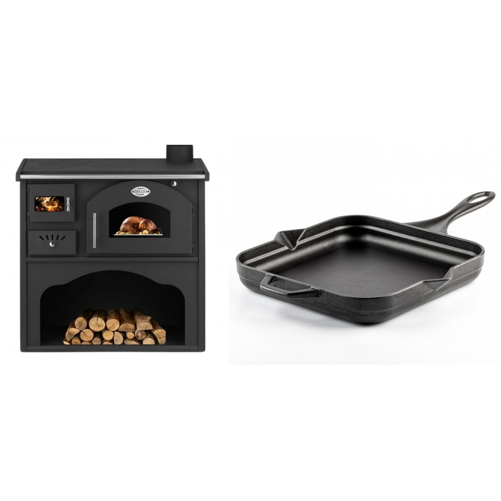 Set Küchenofen / Küchenhexe mit Backofen und Kochplatte Zvezda, Modell Classic GFS, Leistung 5.9kW + Emaillierte Gusseisenpfanne Solagio, Black Onyx, 28x28cm