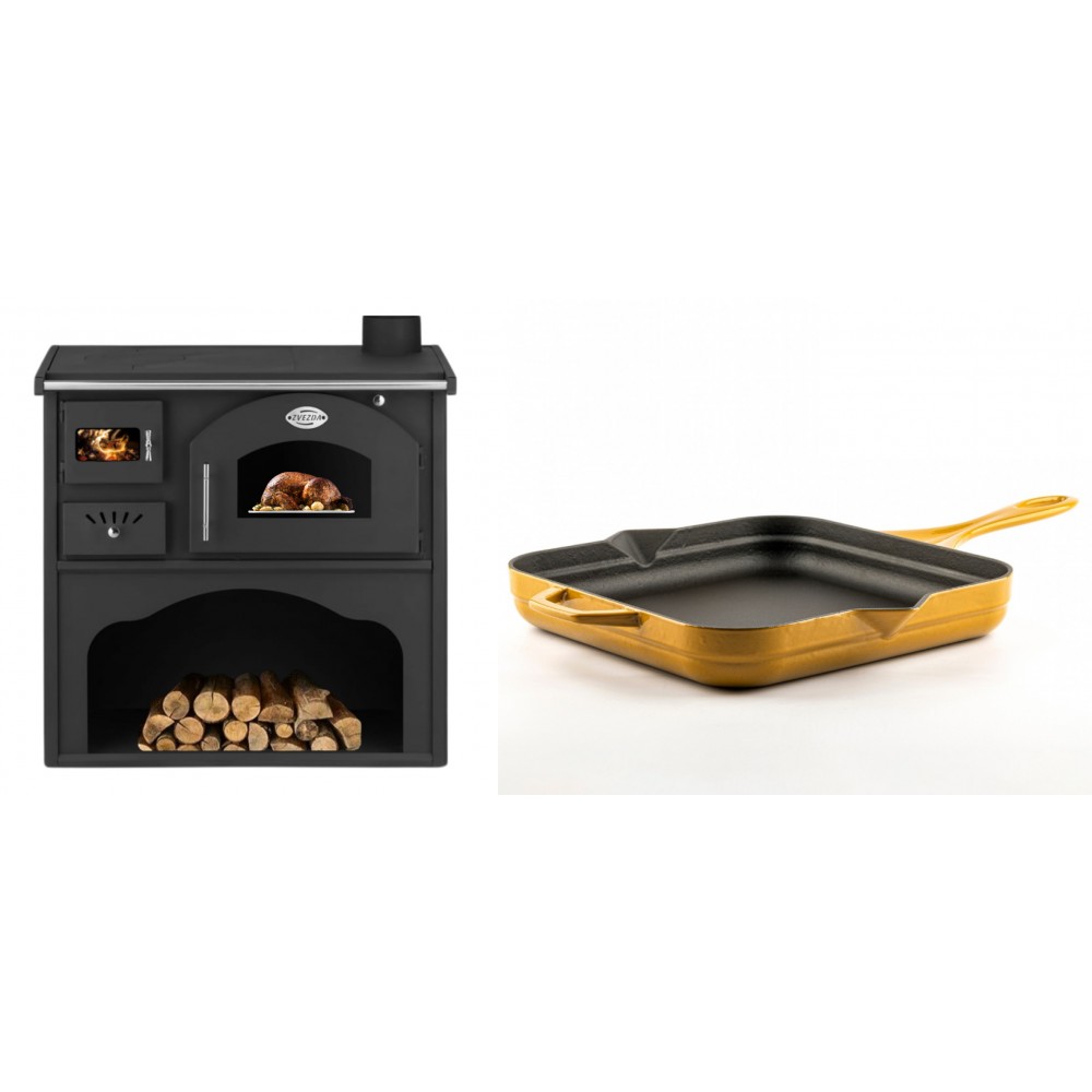 Set Küchenofen / Küchenhexe mit Backofen und Kochplatte Zvezda, Modell Classic GFS, Leistung 5.9kW + Emaillierte Gusseisenpfanne Solagio, Dijon, 28x28cm