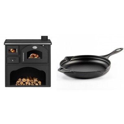 Set Küchenofen / Küchenhexe mit Backofen und Kochplatte Zvezda, Modell Classic GFS, Leistung 5.9kW + Emaillierte Gusseisenpfanne Solagio, Black Onyx, Ф28cm - Kaminofen - Holzofen mit Backfach