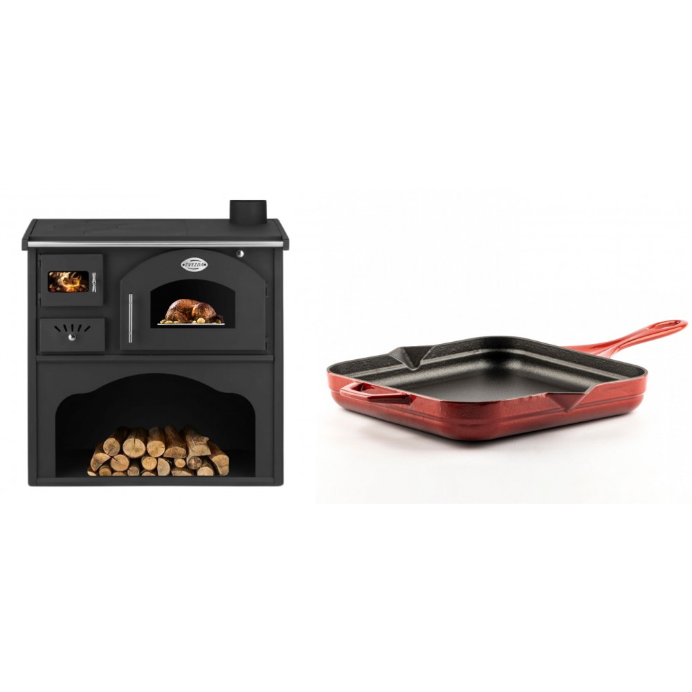 Set Küchenofen / Küchenhexe mit Backofen und Kochplatte Zvezda, Modell Classic GFS, Leistung 5.9kW + Emaillierte Gusseisenpfanne Solagio, Rubin, 28x28cm | Kaminofen - Holzofen mit Backfach | Kaminofen |