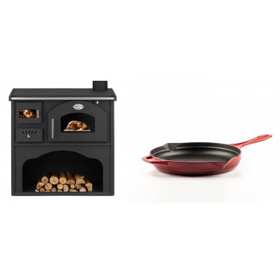 Set Küchenofen / Küchenhexe mit Backofen und Kochplatte Zvezda, Modell Classic GFS, Leistung 5.9kW + Emaillierte Gusseisenpfanne Solagio, Rubin, Ф24cm - Kaminofen - Holzofen mit Backfach