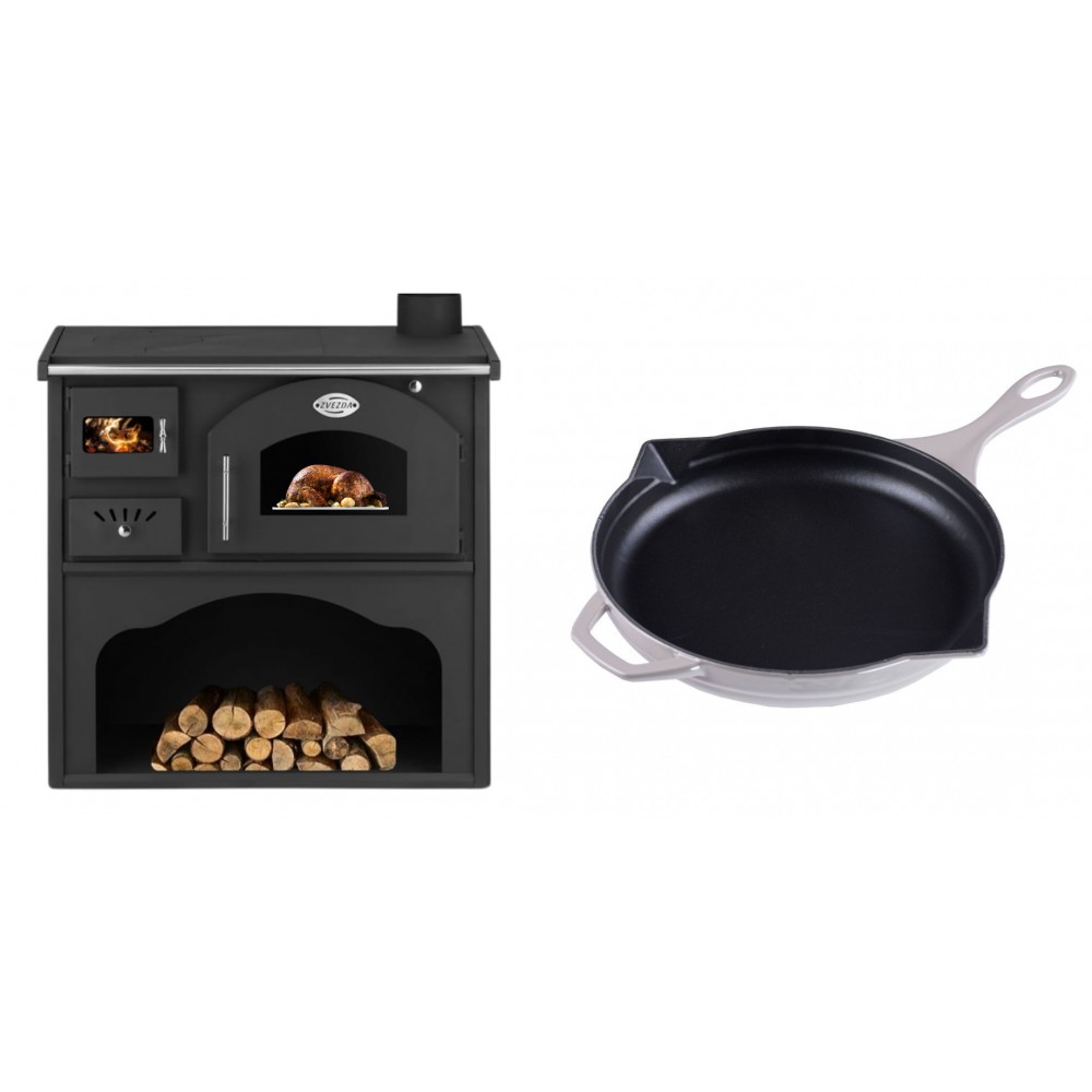 Set Küchenofen / Küchenhexe mit Backofen und Kochplatte Zvezda, Modell Classic GFS, Leistung 5.9kW + Emaillierte Gusseisenpfanne Solagio, Ivory, Ф28cm | Kaminofen - Holzofen mit Backfach | Kaminofen |