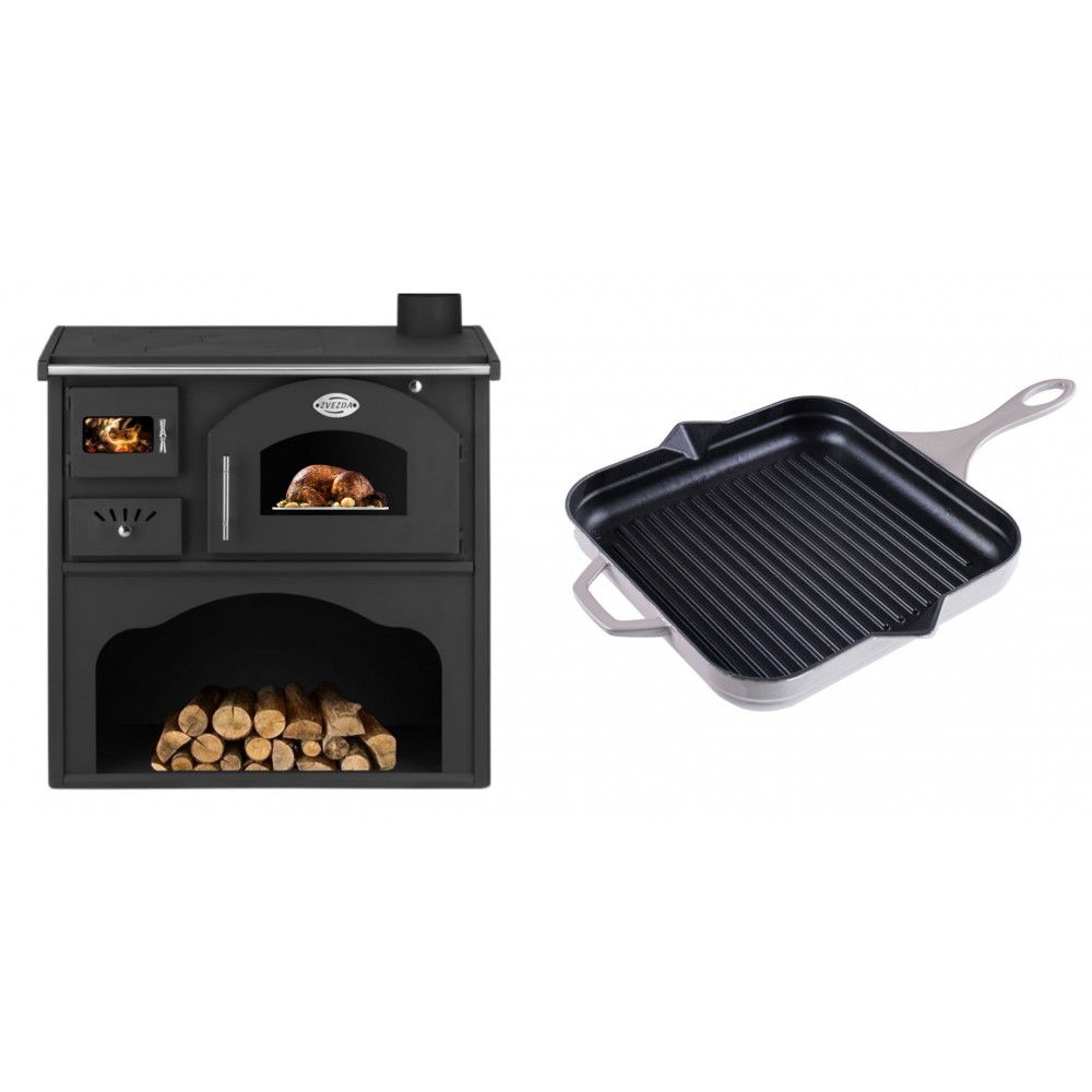 Set Küchenofen / Küchenhexe mit Backofen und Kochplatte Zvezda, Modell Classic GFS, Leistung 5.9kW + Emaillierte grillpfanne Gusseisen Solagio, Ivory, 28x28cm