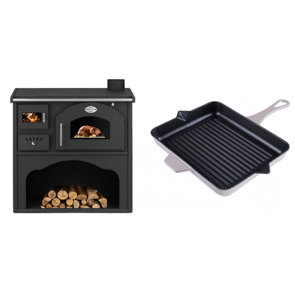 Set Küchenofen / Küchenhexe mit Backofen und Kochplatte Zvezda, Modell Classic GFS, Leistung 5.9kW + Emaillierte grillpfanne Gusseisen Solagio, Ivory, 26x32cm | Kaminofen - Holzofen mit Backfach | Kaminofen |