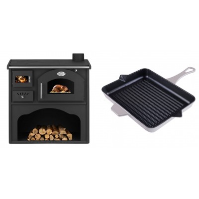 Set Küchenofen / Küchenhexe mit Backofen und Kochplatte Zvezda, Modell Classic GFS, Leistung 5.9kW + Emaillierte grillpfanne Gusseisen Solagio, Ivory, 26x32cm - Kaminofen - Holzofen mit Backfach