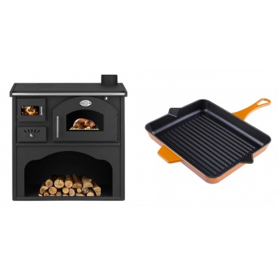 Set Küchenofen / Küchenhexe mit Backofen und Kochplatte Zvezda, Modell Classic GFS, Leistung 5.9kW + Emaillierte grillpfanne Gusseisen Solagio, Dijon, 26x32cm - Kaminofen - Holzofen mit Backfach