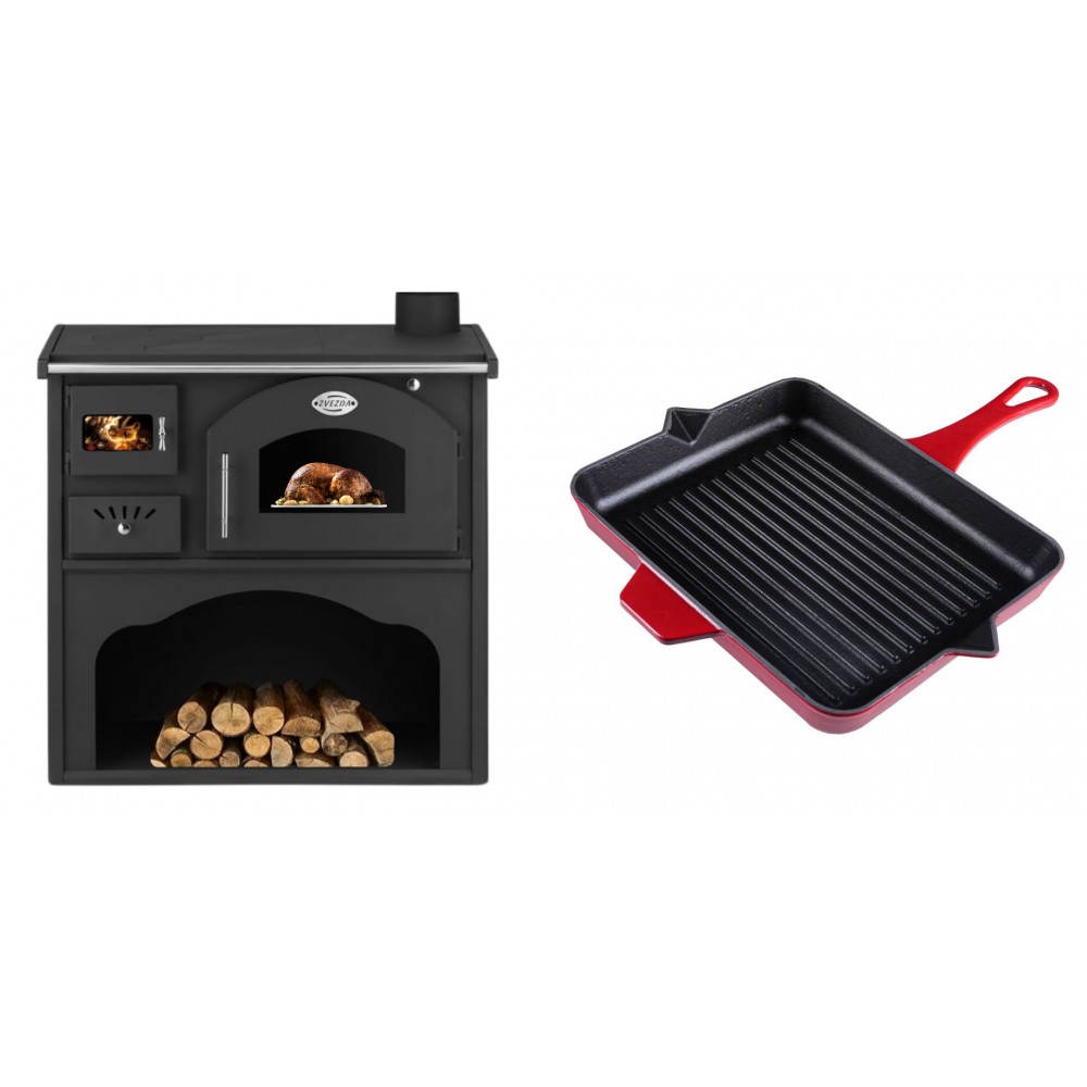 Set Küchenofen / Küchenhexe mit Backofen und Kochplatte Zvezda, Modell Classic GFS, Leistung 5.9kW + Emaillierte grillpfanne Gusseisen Solagio, Rubin, 26x32cm | Kaminofen - Holzofen mit Backfach | Kaminofen |