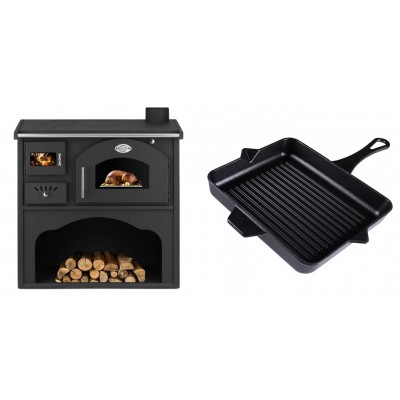 Set Küchenofen / Küchenhexe mit Backofen und Kochplatte Zvezda, Modell Classic GFS, Leistung 5.9kW + Emaillierte grillpfanne Gusseisen Solagio, Black Onyx, 26x32cm - Kaminofen - Holzofen mit Backfach