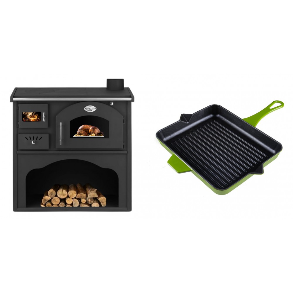Set Küchenofen / Küchenhexe mit Backofen und Kochplatte Zvezda, Modell Classic GFS, Leistung 5.9kW + Emaillierte grillpfanne Gusseisen Solagio, Bamboo, 26x32cm | Kaminofen - Holzofen mit Backfach | Kaminofen |