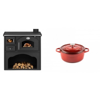 Set Küchenofen / Küchenhexe mit Backofen und Kochplatte Zvezda, Modell Classic GFS, Leistung 5.9kW + Gusseisen Topf Tiefer Solagio, Rubin, Ф12 - Kaminofen - Holzofen mit Backfach