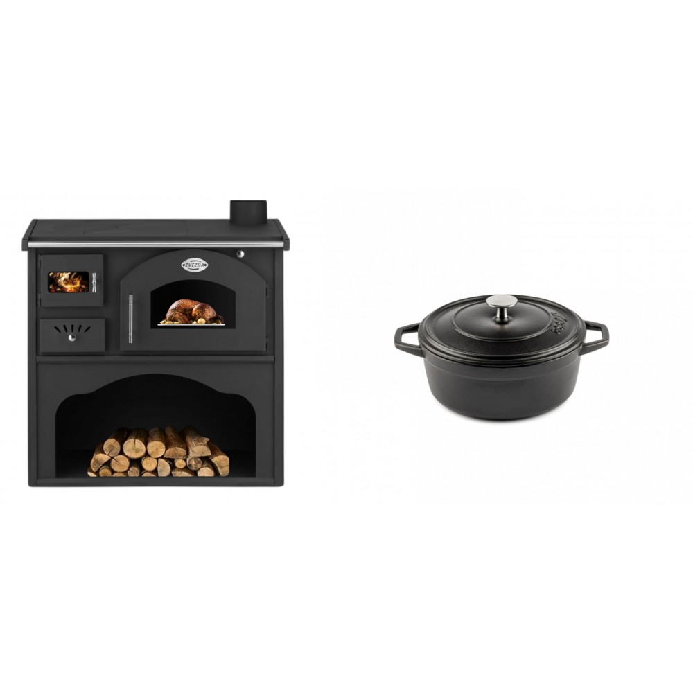 Set Küchenofen / Küchenhexe mit Backofen und Kochplatte Zvezda, Modell Classic GFS, Leistung 5.9kW + Gusseisen Topf Tiefer Solagio, Black Onyx, Ф12